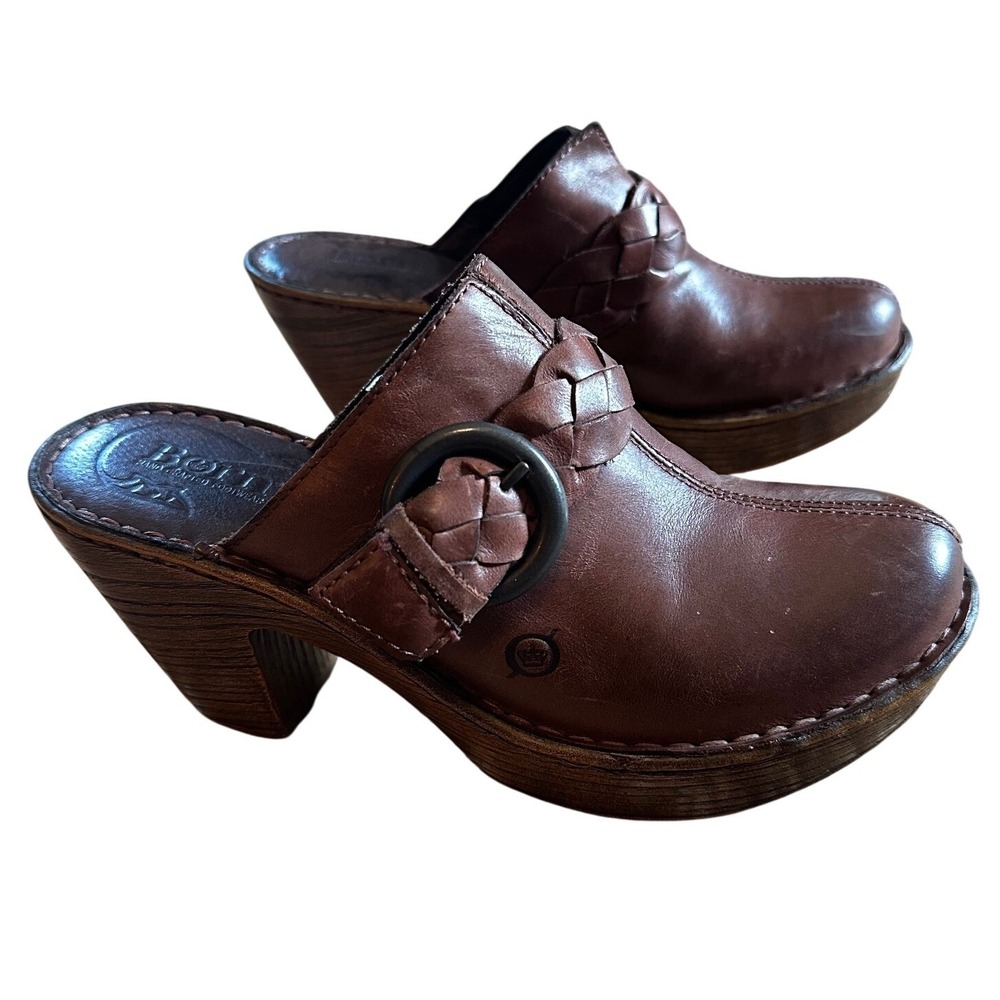 Born Brown Leather Braided Buckle Platform Clogs Women's Size 8/39